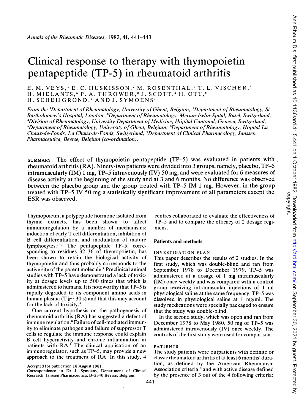 Clinical Response to Therapy with Thymopoietin Pentapeptide (TP-5) in Rheumatoid Arthritis E