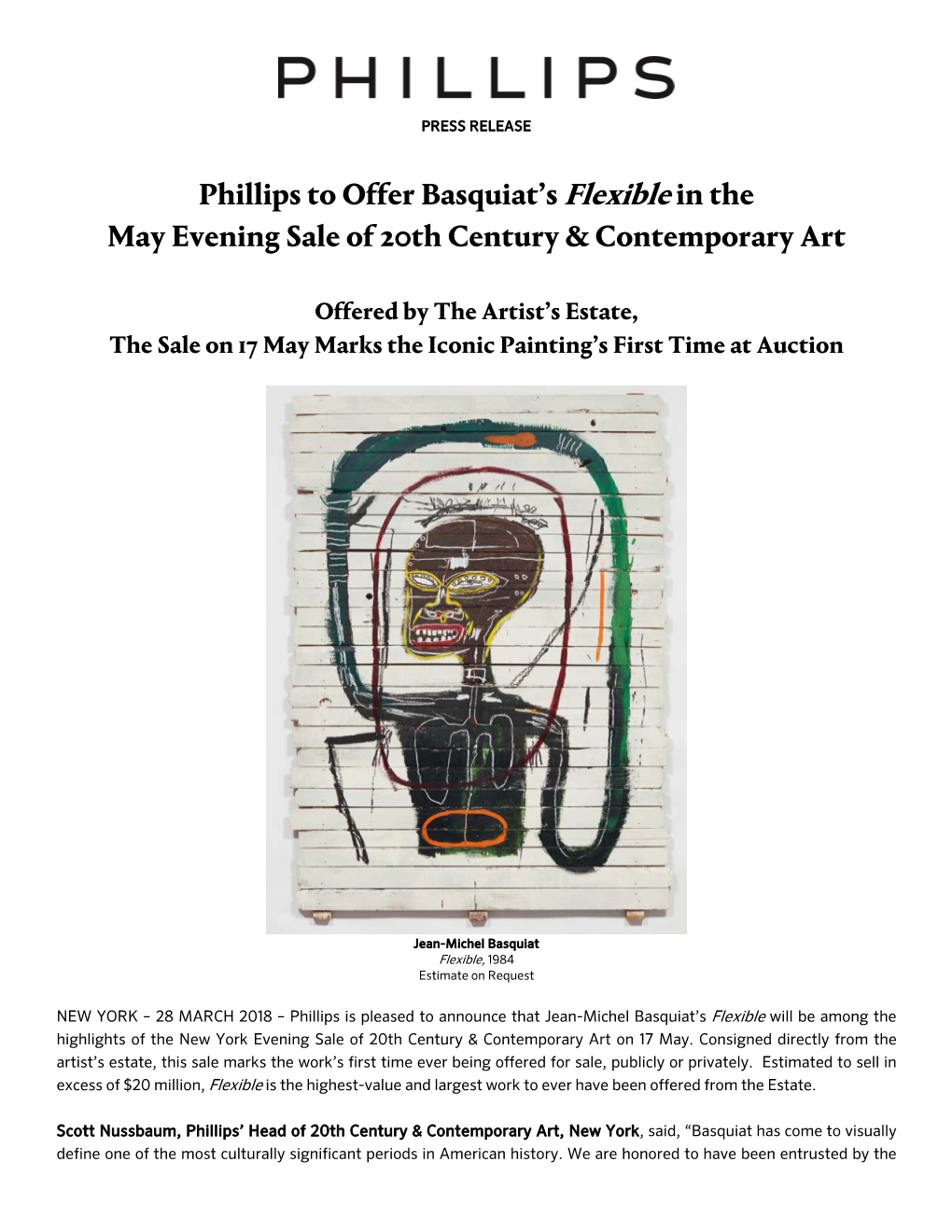 Phillips to Offer Basquiat's Flexible in the May Evening Sale of 20Th