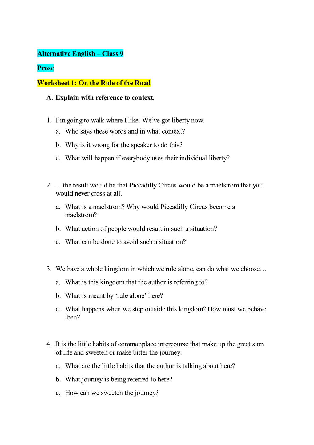 Class 9 Prose Worksheet 1