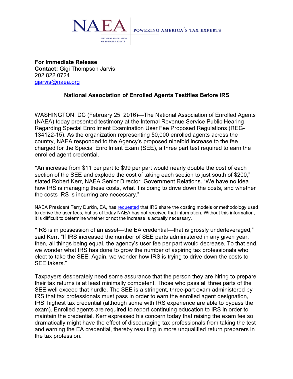 National Association of Enrolled Agents Testifies Before IRS