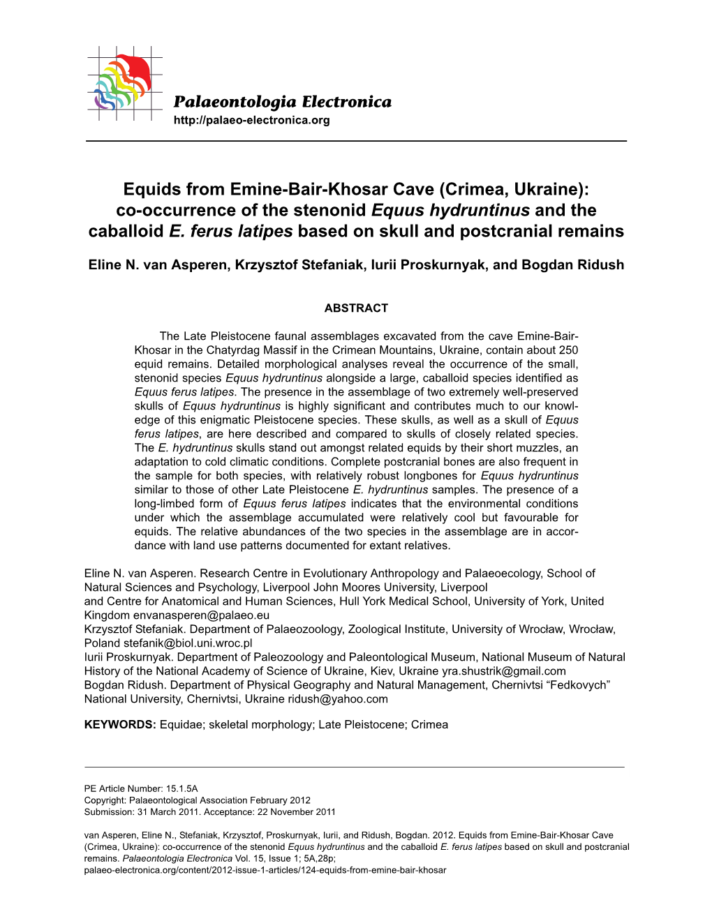 Equids from Emine-Bair-Khosar Cave (Crimea, Ukraine): Co-Occurrence of the Stenonid Equus Hydruntinus and the Caballoid E. Ferus