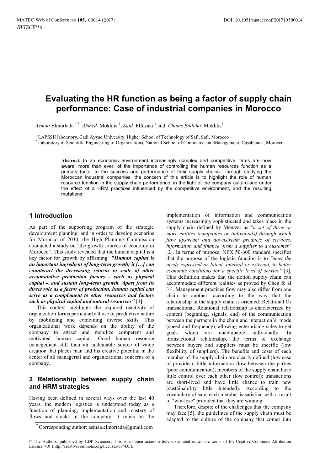 Evaluating the HR Function As Being a Factor of Supply Chain Performance: Case of Industrial Companies in Morocco