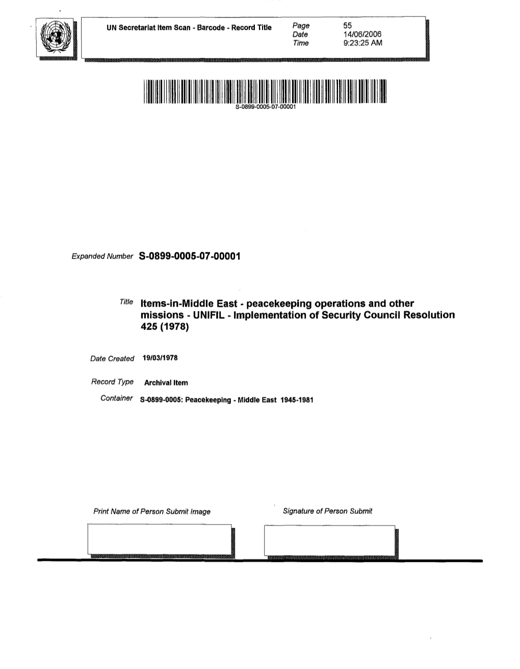 Title Items-In-Middle East - Peacekeeping Operations and Other Missions - UNIFIL - Implementation of Security Council Resolution 425 (1978)