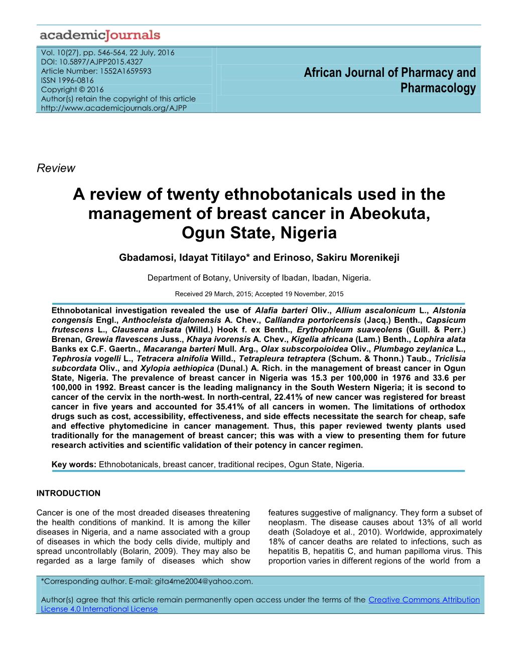 A Review of Twenty Ethnobotanicals Used in the Management of Breast Cancer in Abeokuta, Ogun State, Nigeria