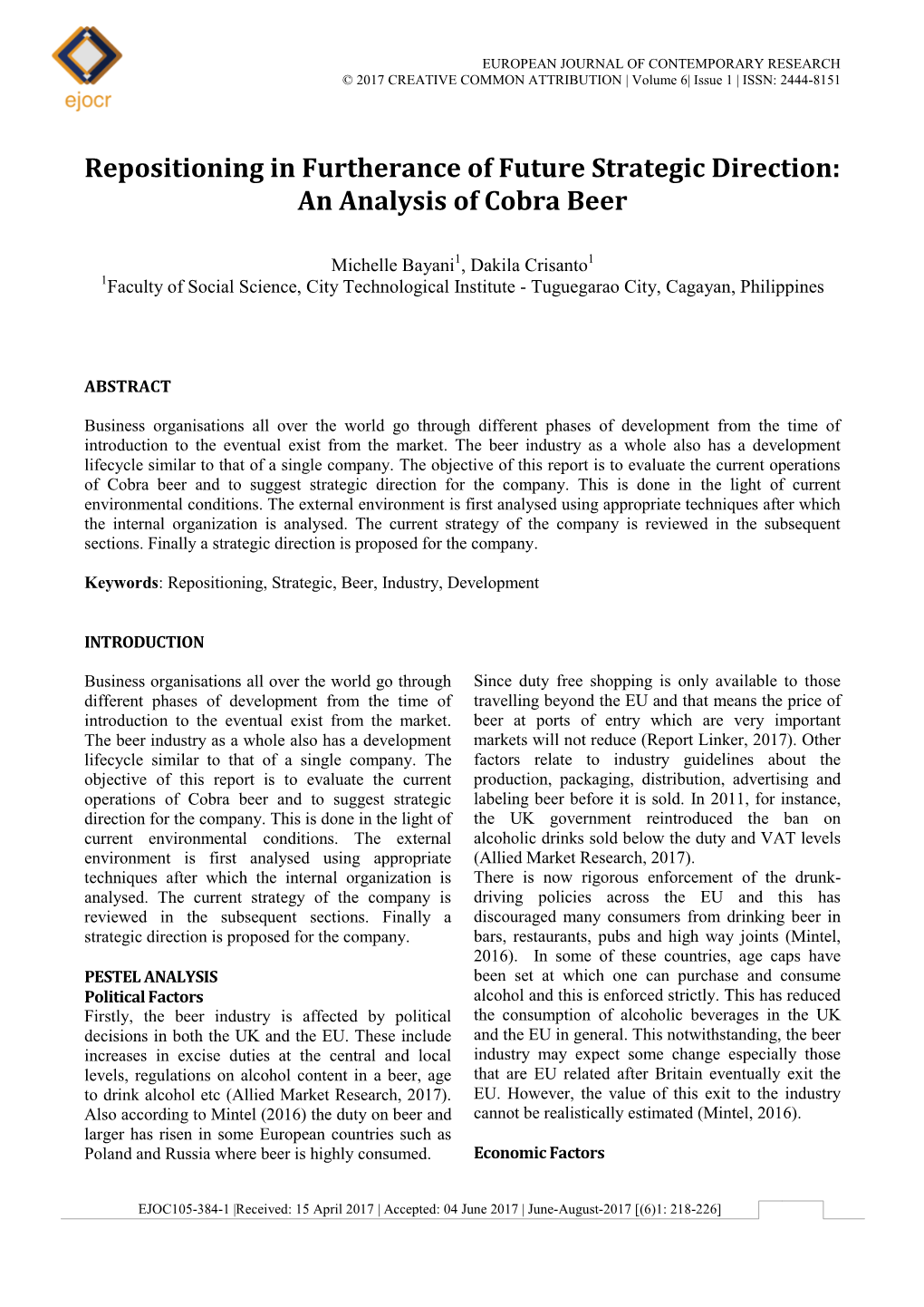 An Analysis of Cobra Beer