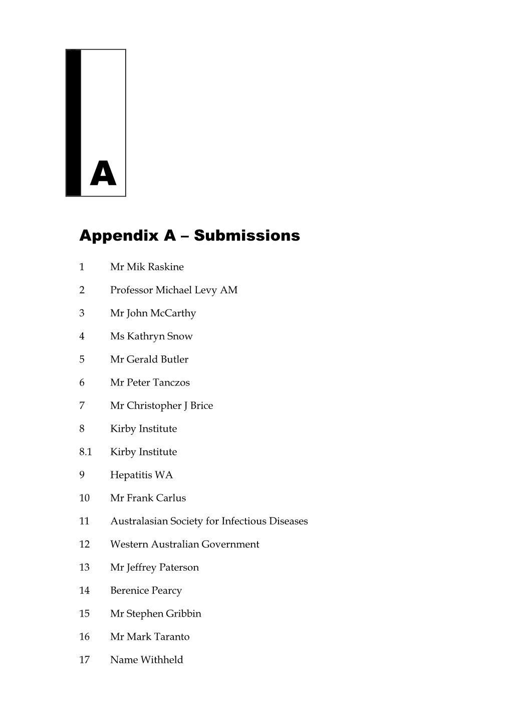 Appendix a – Submissions