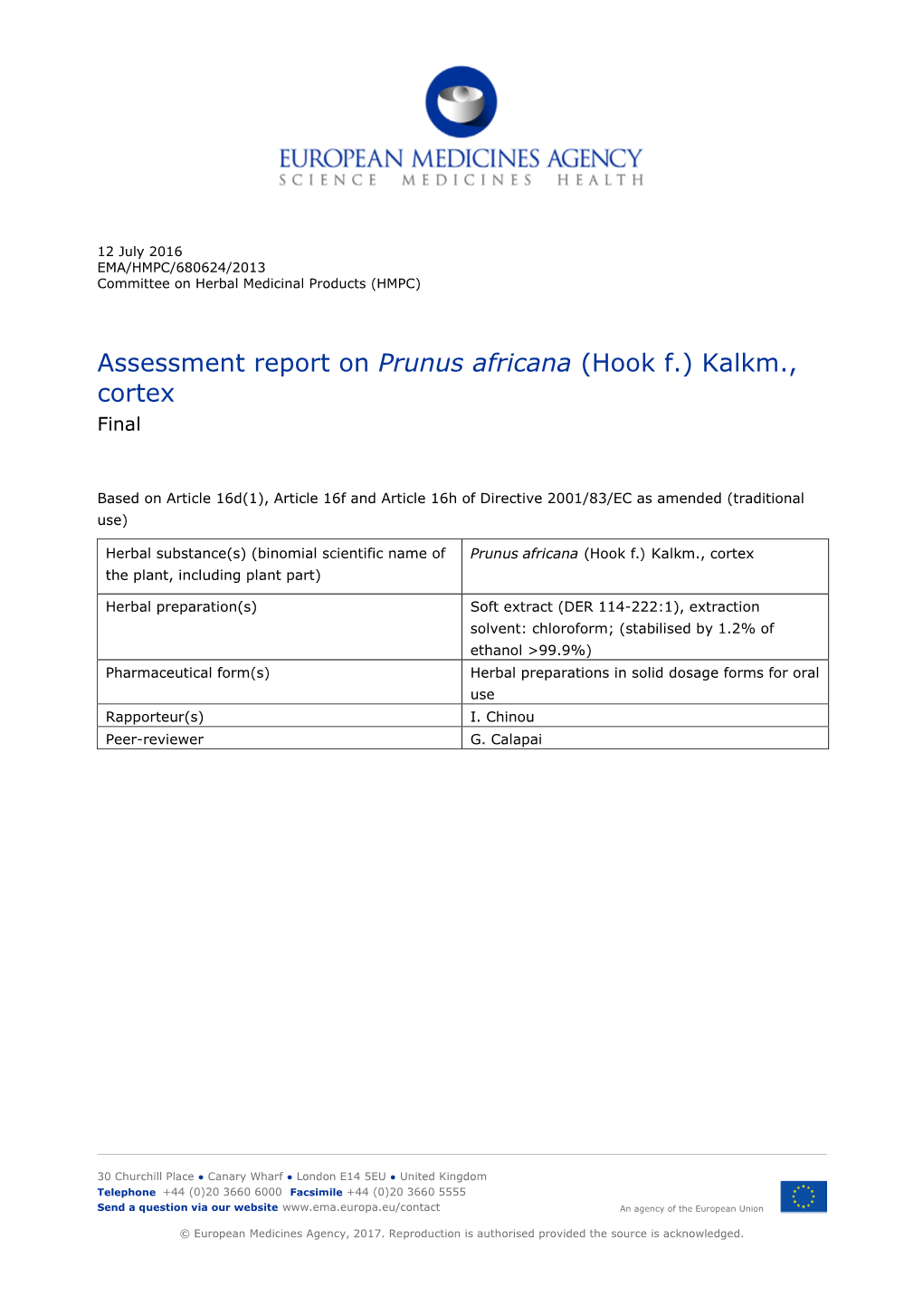 Assessment Report on Prunus Africana (Hook F.) Kalkm., Cortex Final