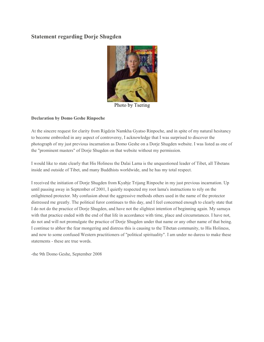 Statement Regarding Dorje Shugden