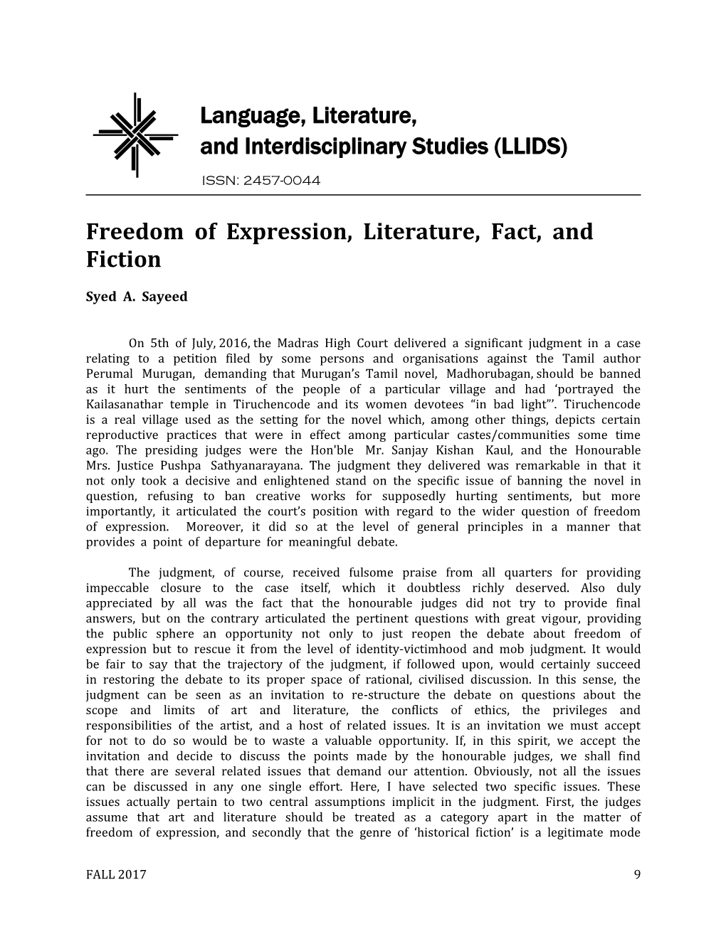 Freedom of Expression, Literature, Fact, and Fiction Language