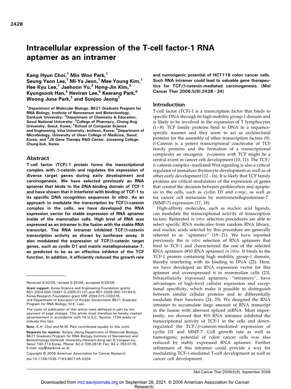 Intracellular Expression of the T-Cell Factor-1 RNA Aptamer As an Intramer