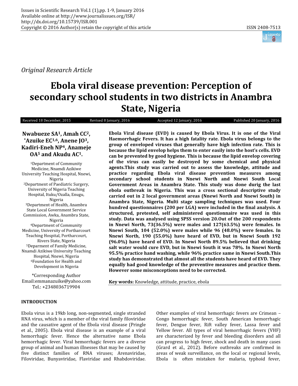 Perception of Secondary School Students in Two Districts in Anambra State, Nigeria