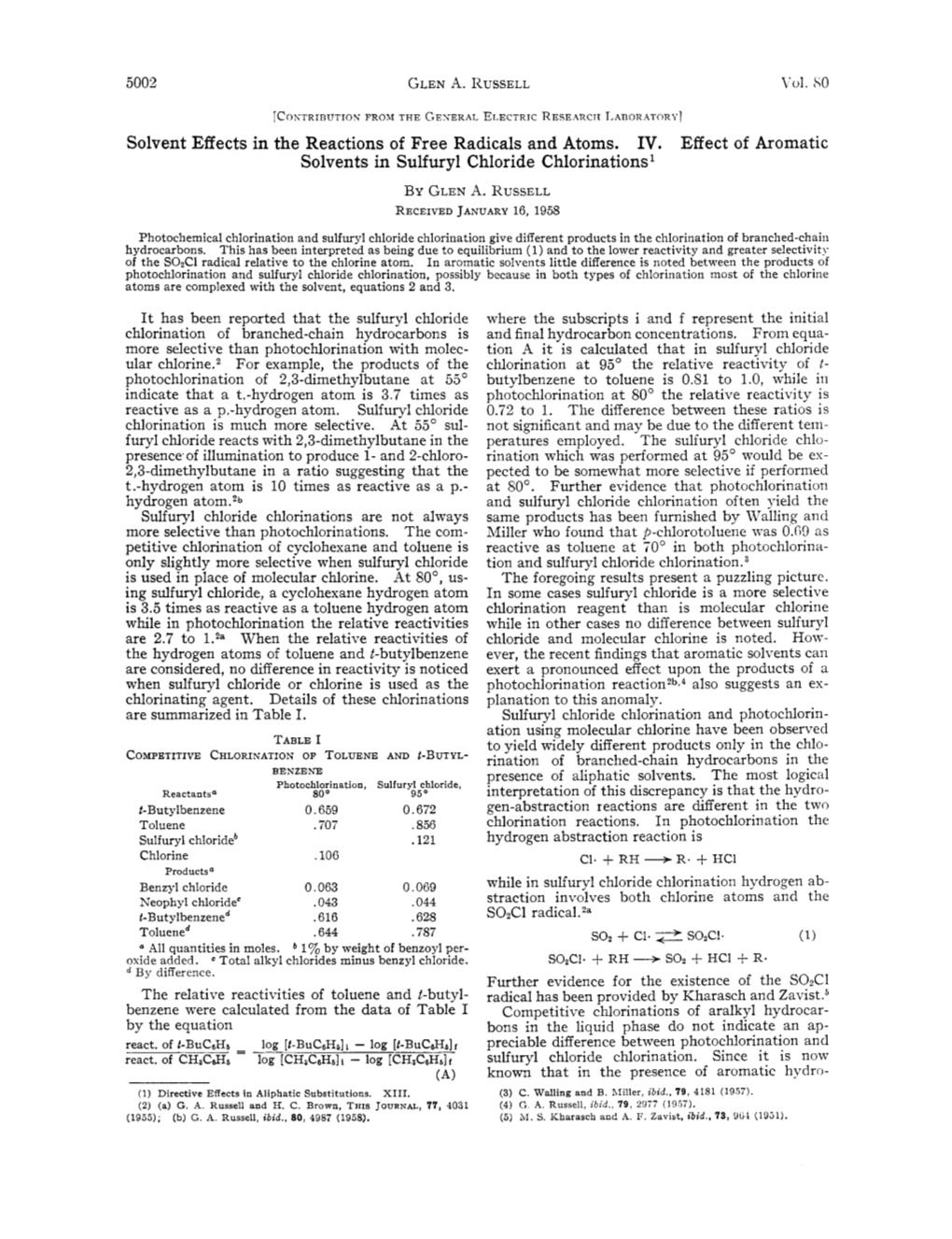 Solvent Effects in the Reactions of Free Radicals and Atoms. IV. Effect of Aromatic Solvents in Sulfuryl Chloride Chlorinations by GLENA