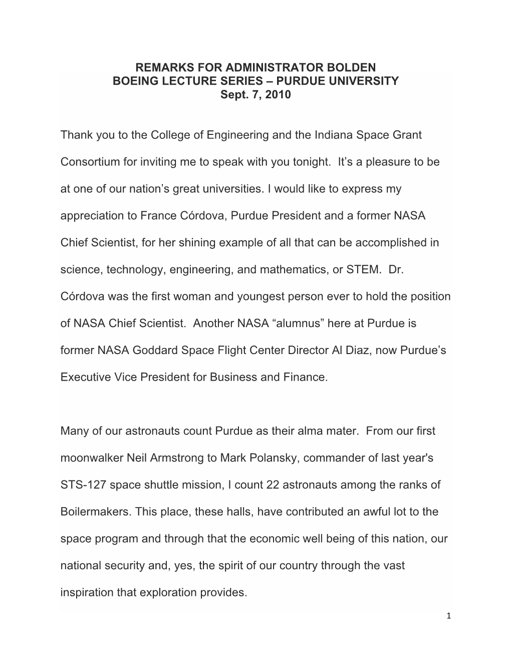 REMARKS for ADMINISTRATOR BOLDEN BOEING LECTURE SERIES – PURDUE UNIVERSITY Sept