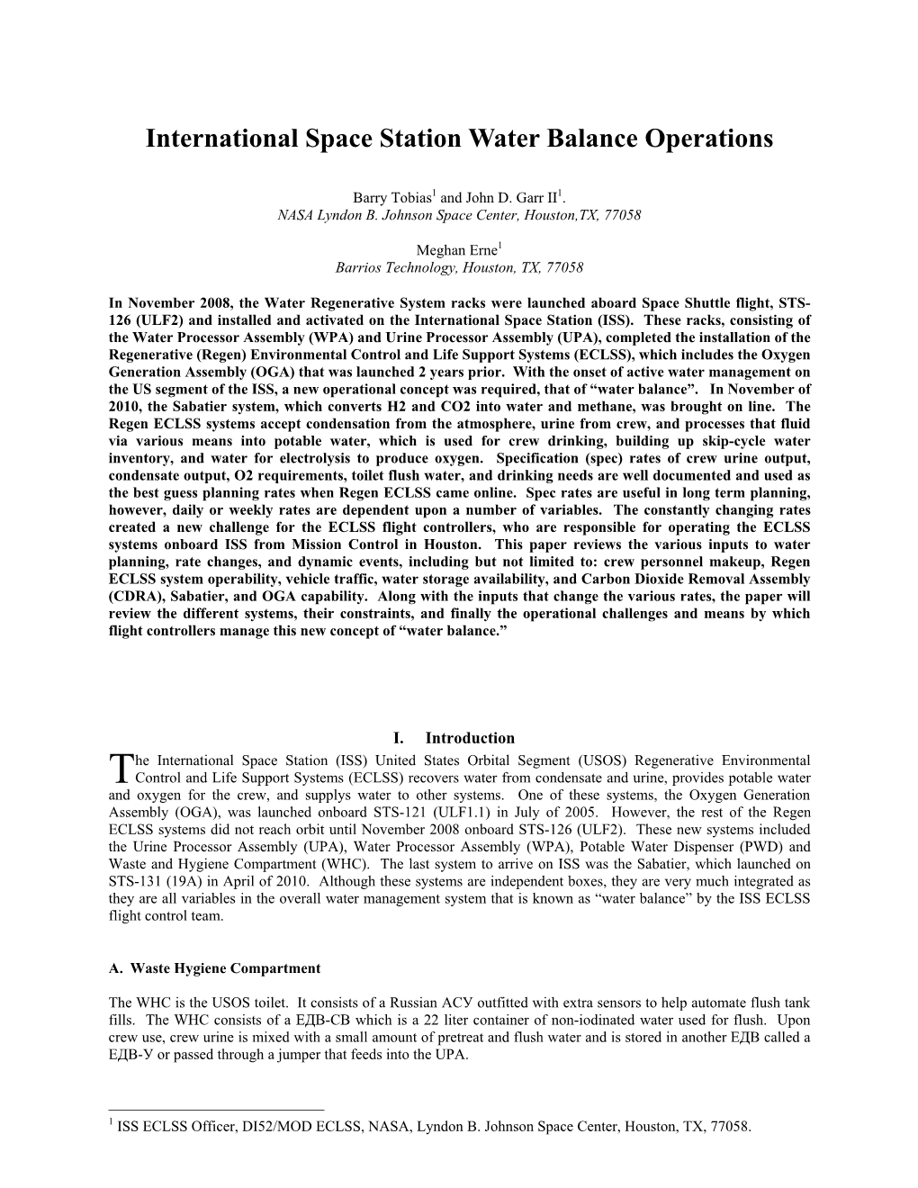 International Space Station Water Balance Operations