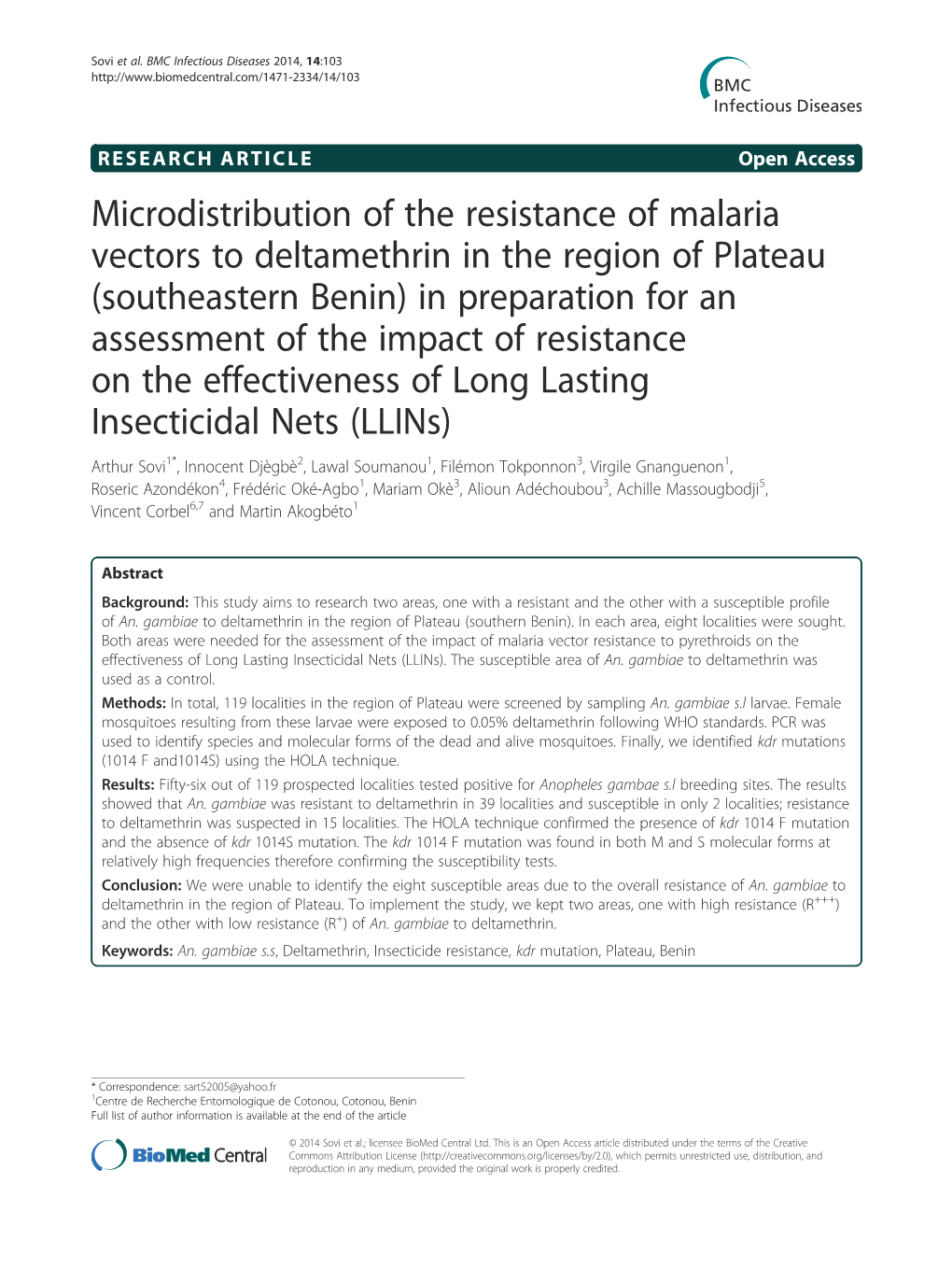 Microdistribution of the Resistance of Malaria Vectors to Deltamethrin In