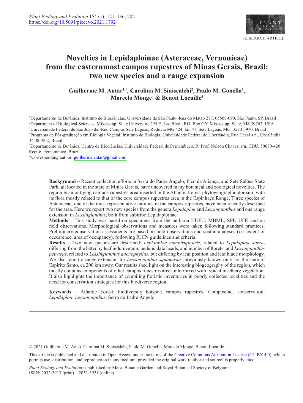 (Asteraceae, Vernonieae) from the Easternmost Campos Rupestres of Minas Gerais, Brazil: Two New Species and a Range Expansion