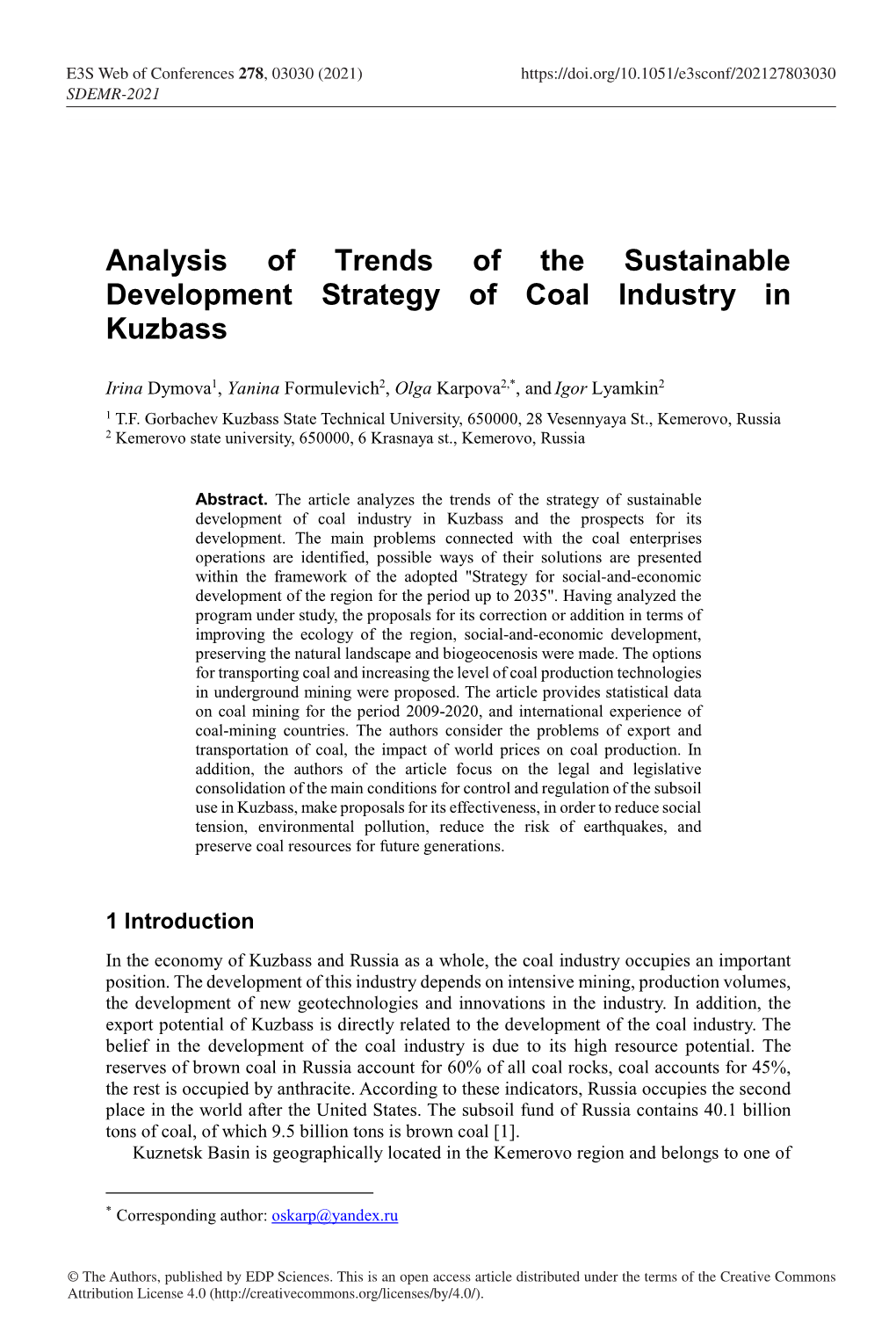 Analysis of Trends of the Sustainable Development Strategy of Coal Industry in Kuzbass