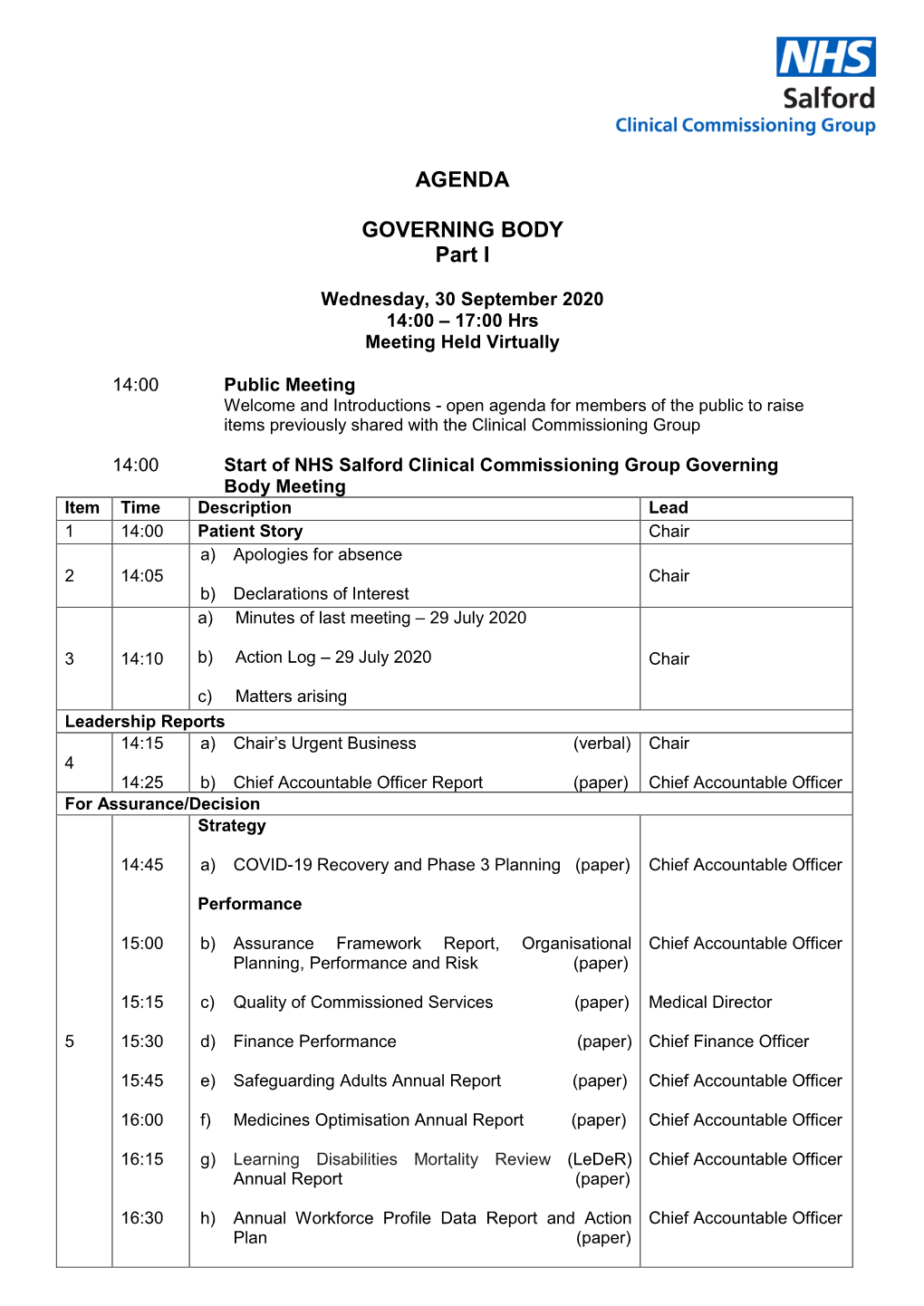 AGENDA GOVERNING BODY Part I