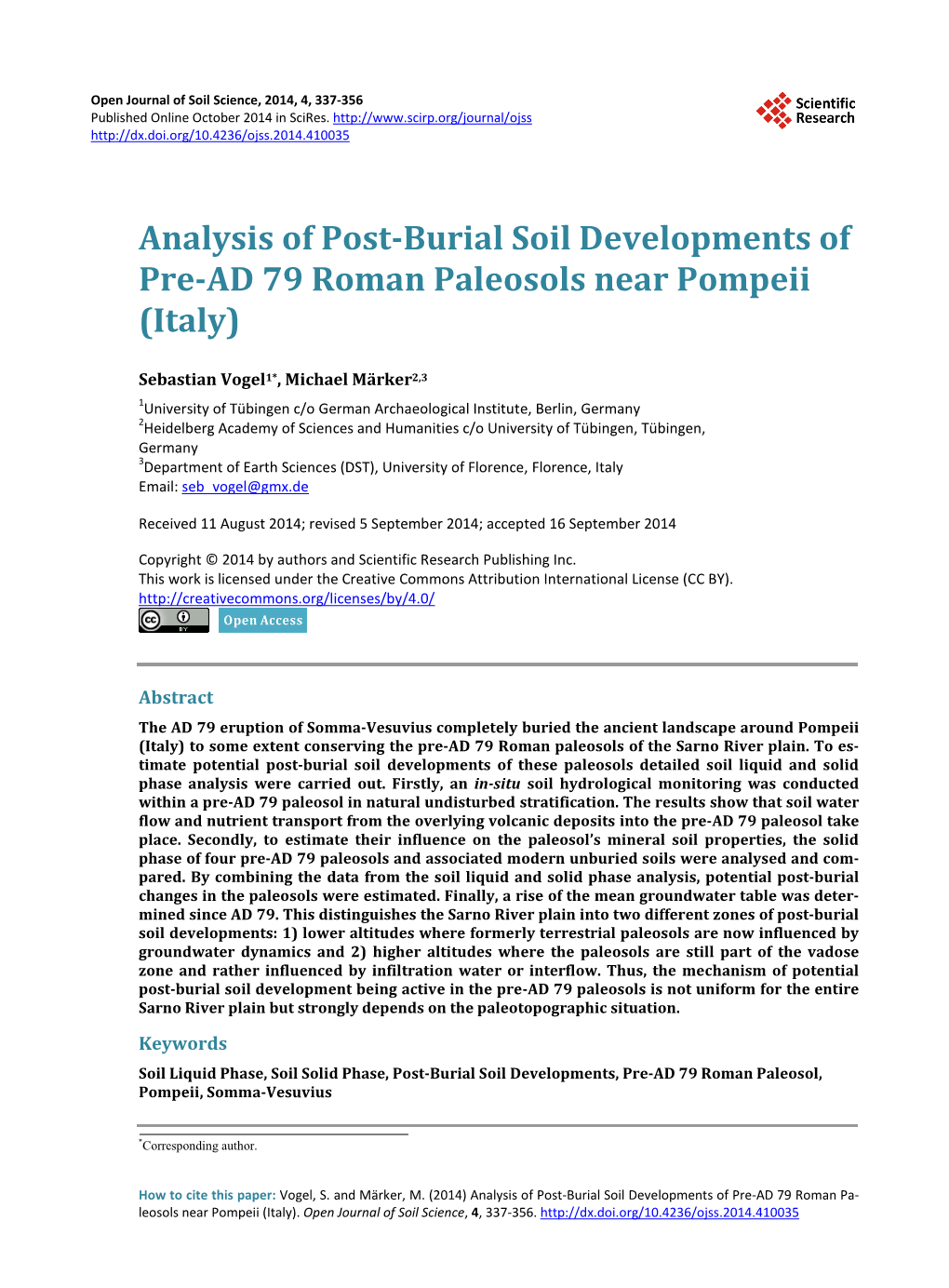 Analysis of Post-Burial Soil Developments of Pre-AD 79 Roman Paleosols Near Pompeii (Italy)