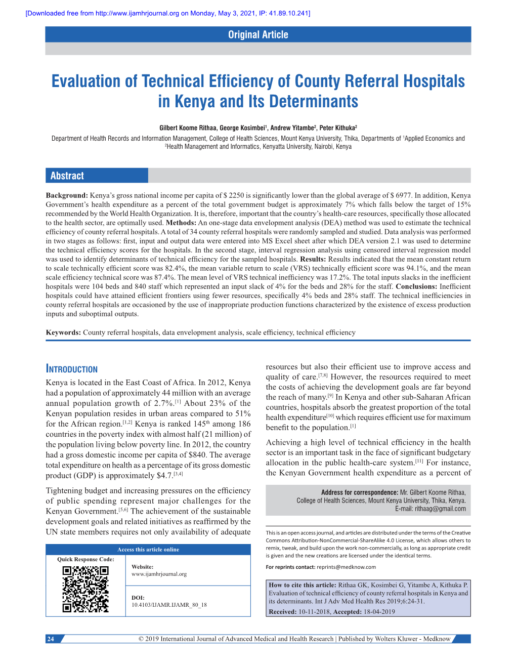 Evaluation of Technical Efficiency of County Referral Hospitals in Kenya and Its Determinants