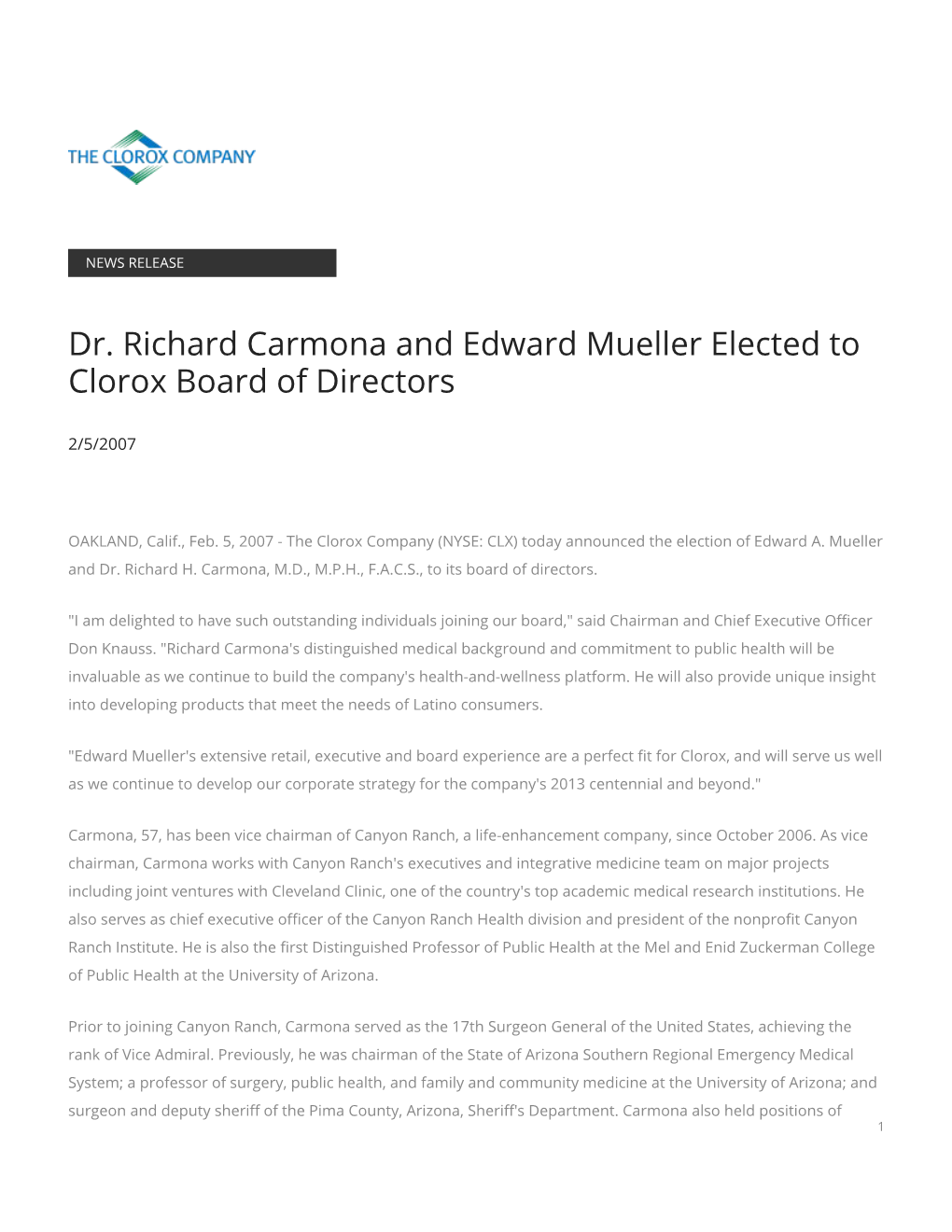 Dr. Richard Carmona and Edward Mueller Elected to Clorox Board of Directors