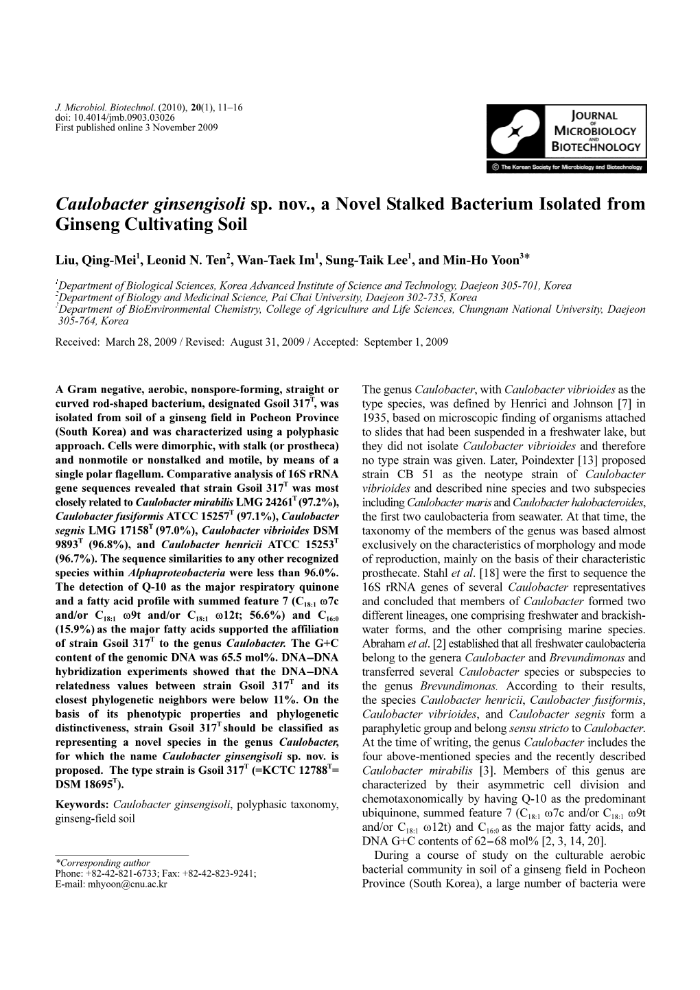 Caulobacter Ginsengisoli Sp. Nov., a Novel Stalked Bacterium Isolated from Ginseng Cultivating Soil