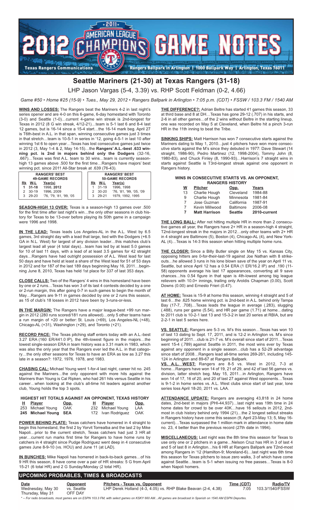 Rangers Game Notes • Tuesday, May 29, 2012 • Seattle
