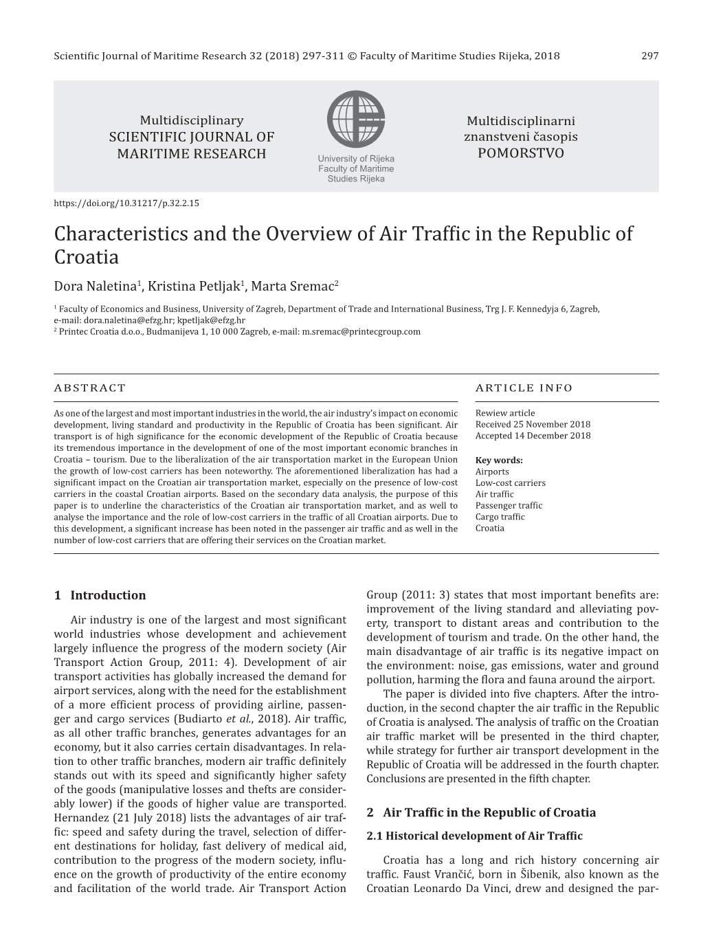 Characteristics and the Overview of Air Traffic in the Republic of Croatia