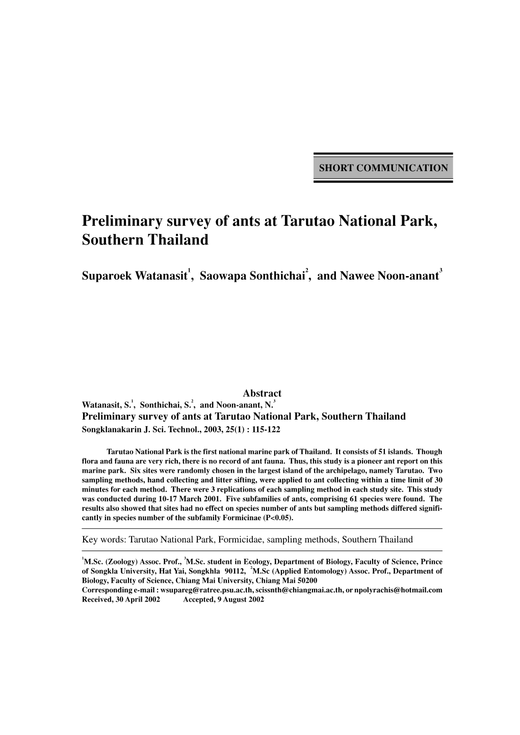 Preliminary Survey of Ants at Tarutao National Park, Southern Thailand