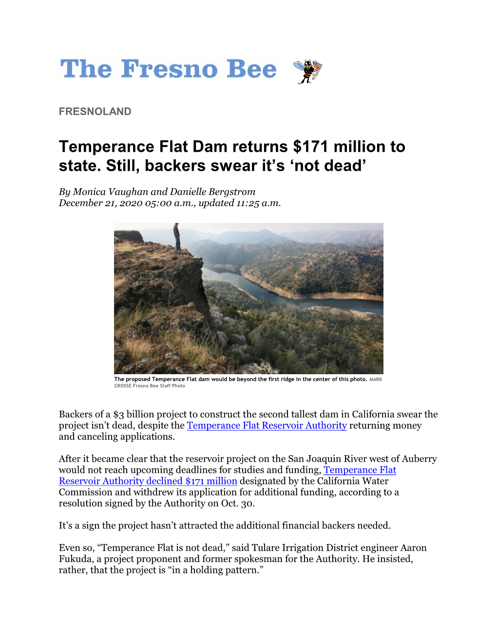 Temperance Flat Dam Returns $171 Million to State. Still, Backers Swear It’S ‘Not Dead’