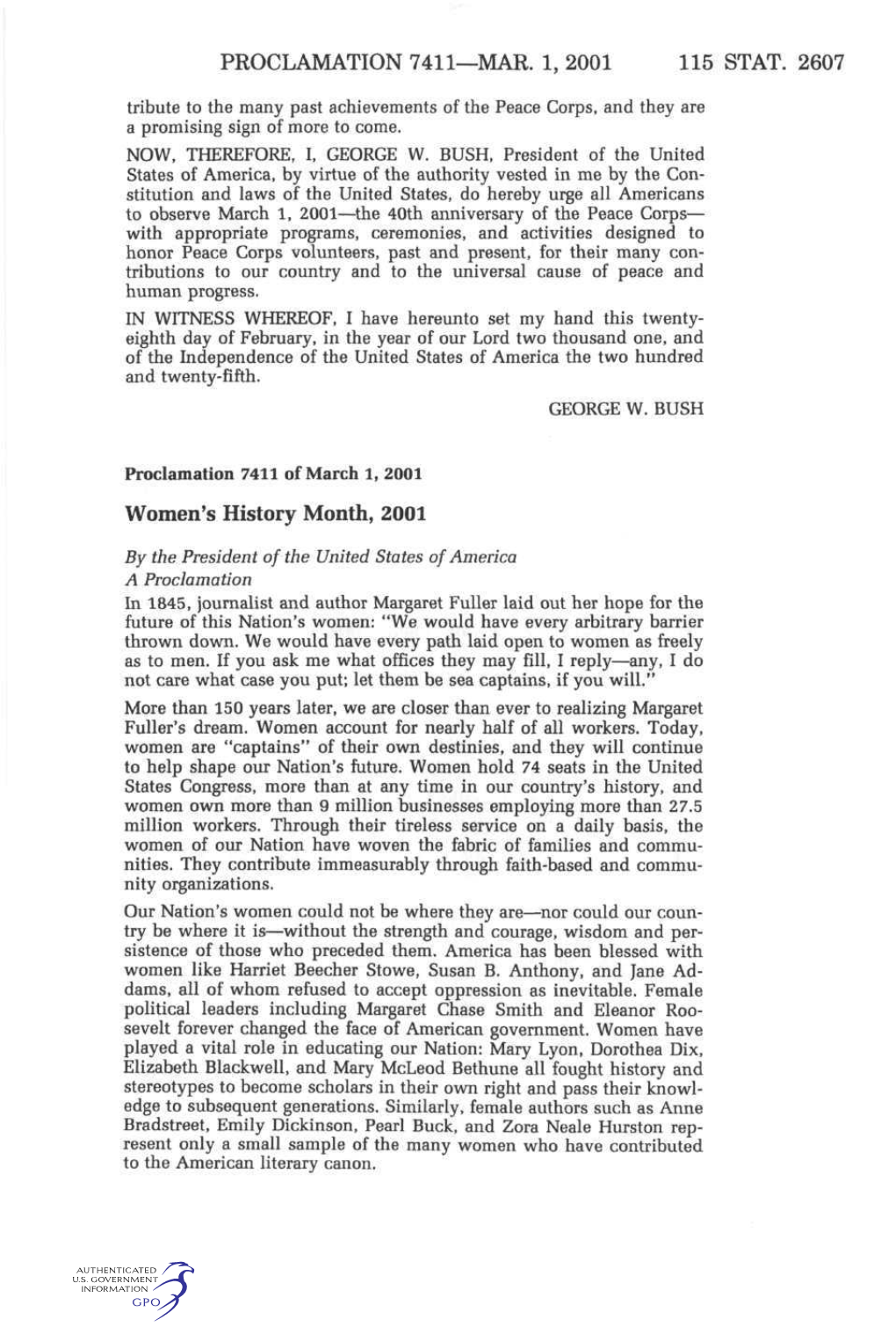 PROCLAMATION 7411—MAR. 1, 2001 115 STAT. 2607 Women's