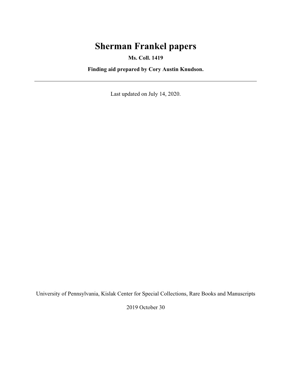 Sherman Frankel Papers Ms
