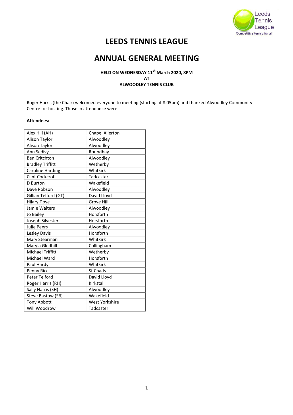 Leeds Tennis League Annual General Meeting