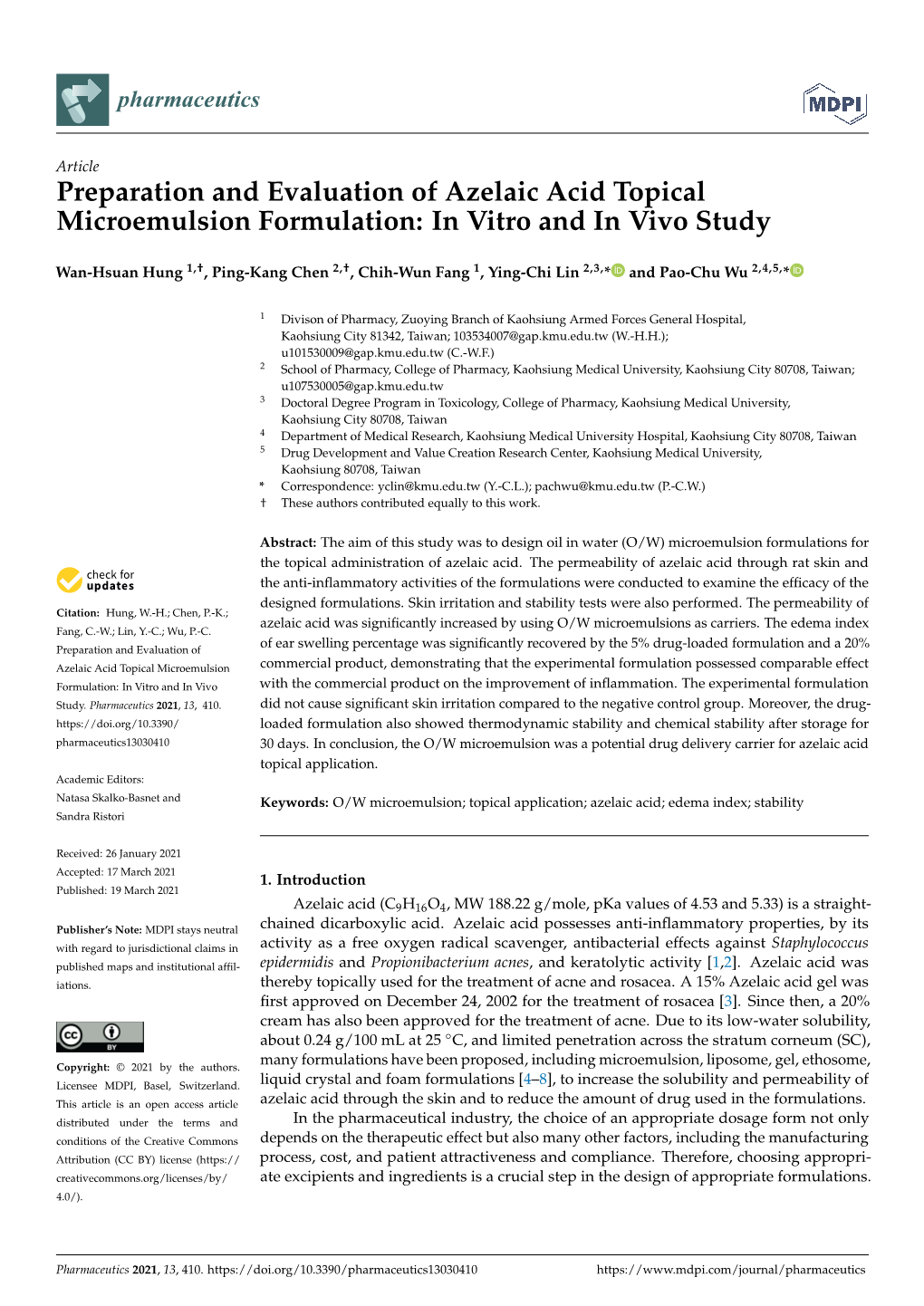 Preparation and Evaluation of Azelaic Acid Topical Microemulsion Formulation: in Vitro and in Vivo Study