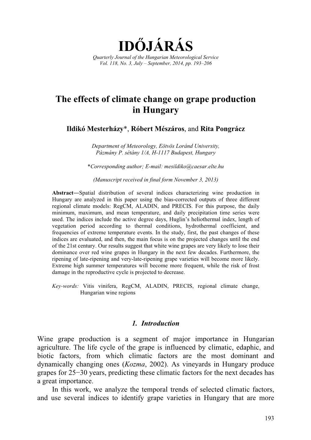 IDŐJÁRÁS Quarterly Journal of the Hungarian Meteorological Service Vol