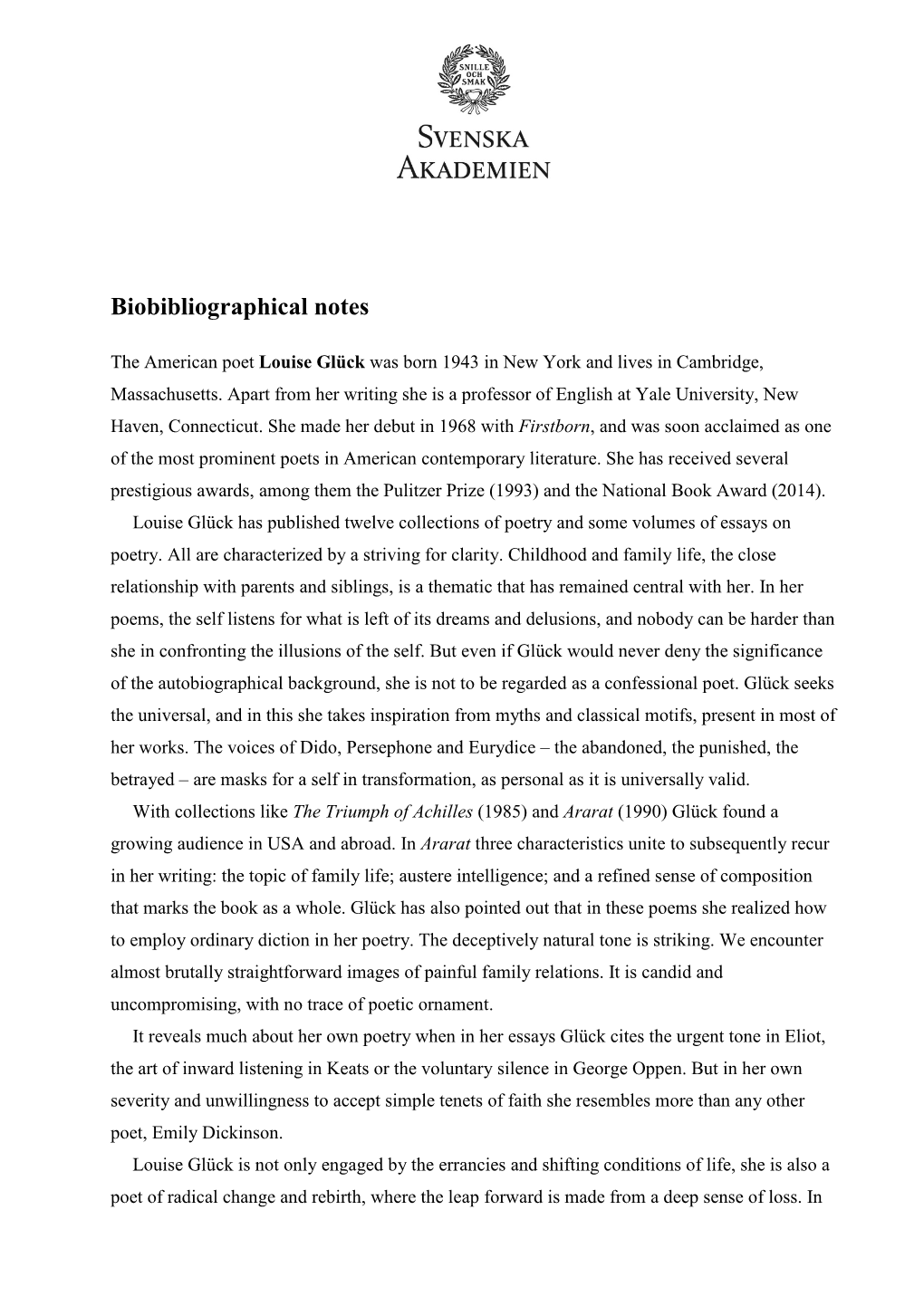 The Nobel Prize in Literature 2020: Biobibliographical Notes