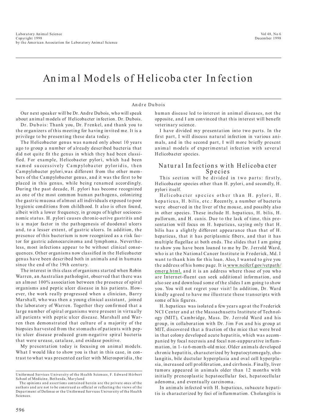 Animal Models of &lt;I&gt;Helicobacter&lt;/I&gt; Infection