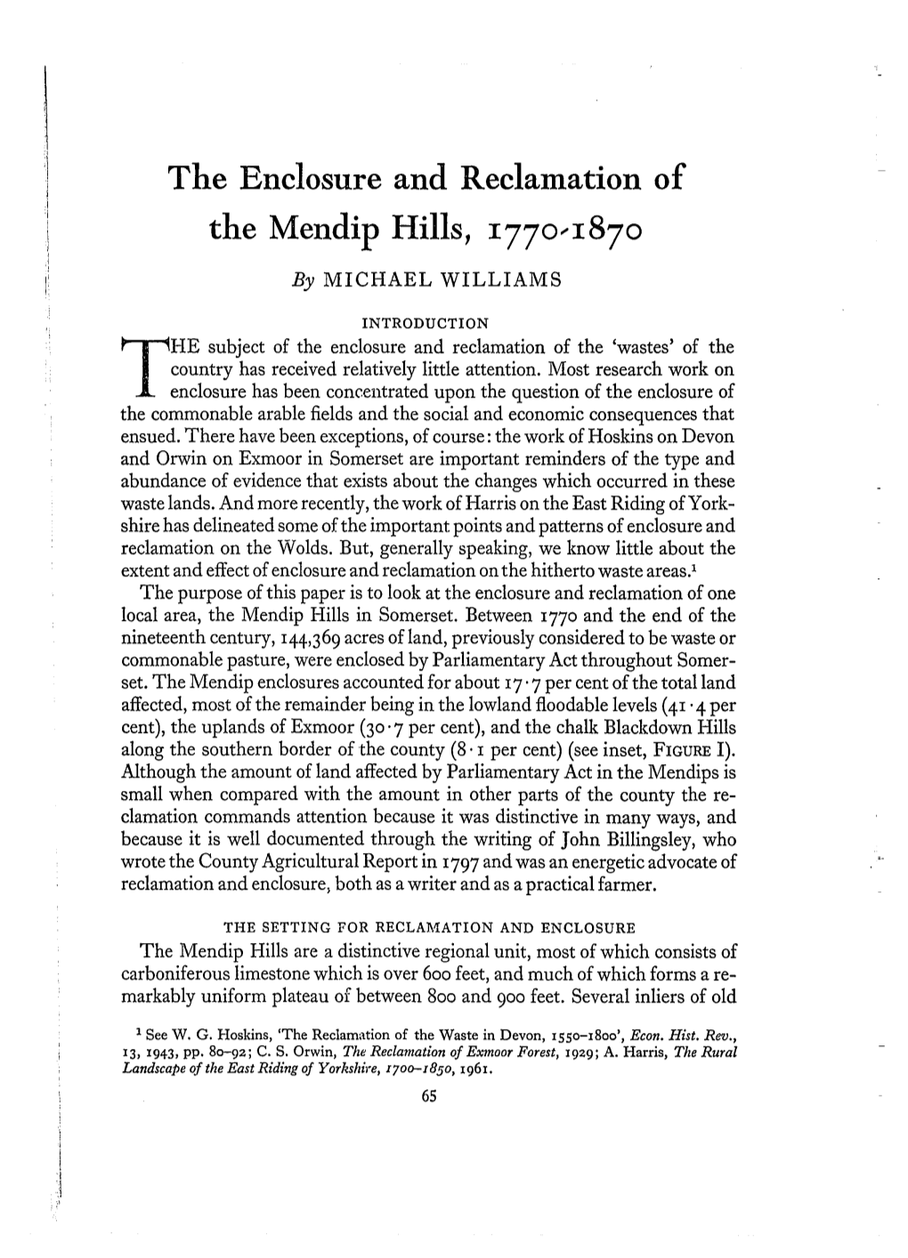 The Enclosure and Reclamation of the Mendip Hills, I77o.X87o