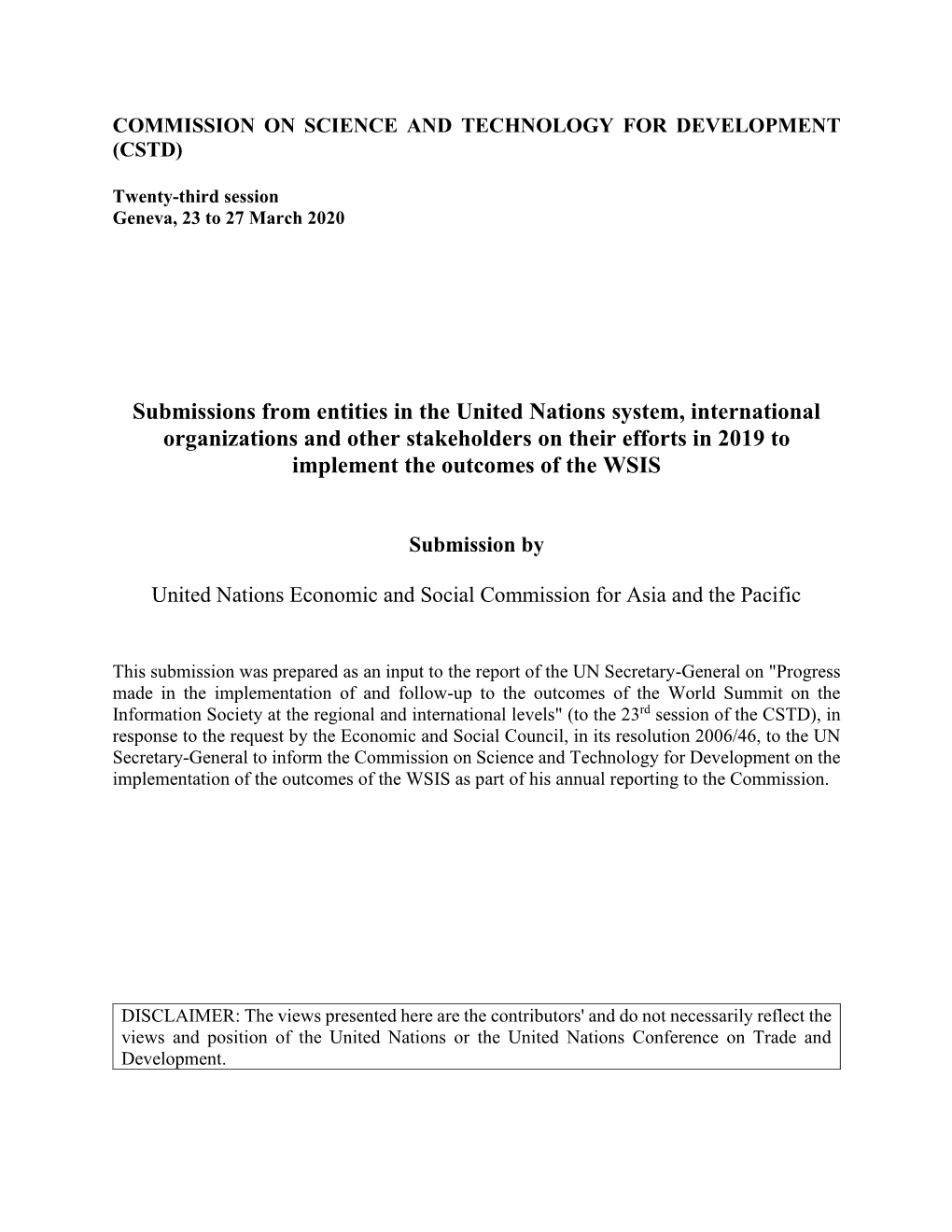 Contribution to the UN Secretary-General's 2019 Report on WSIS Implementation and Follow-Up by the Economic and Social Commi
