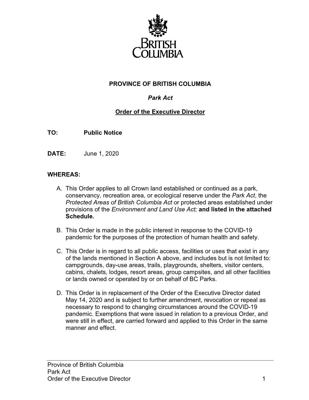 Province of BC Order of the Executive Director: Amended As of December 14, 2020