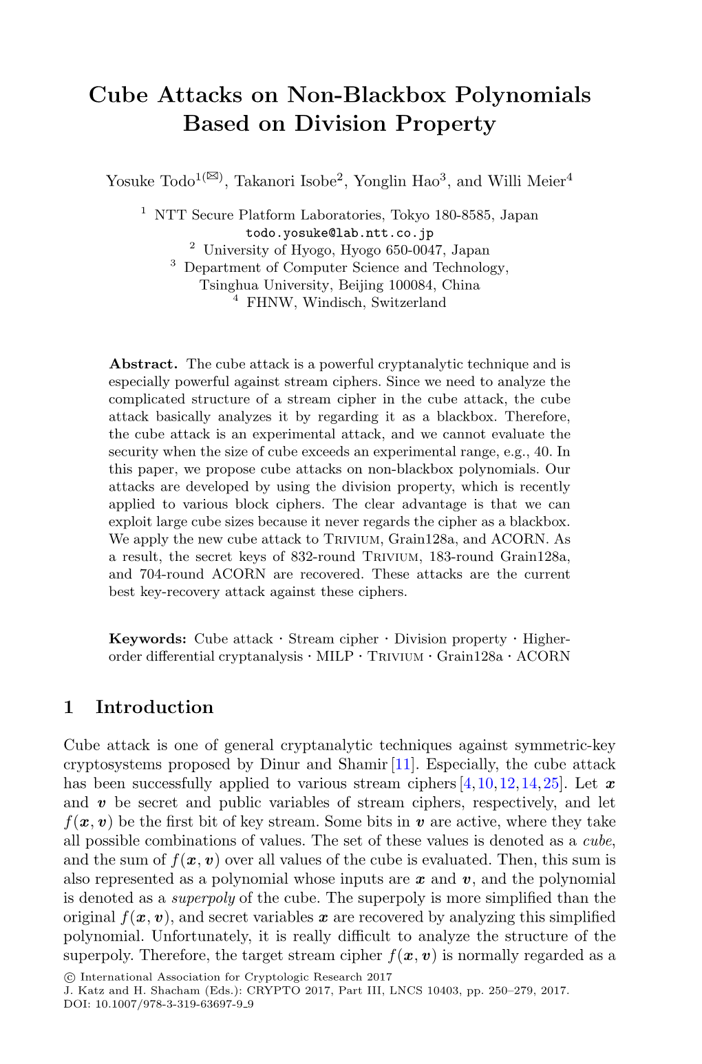 Cube Attacks on Non-Blackbox Polynomials Based on Division Property