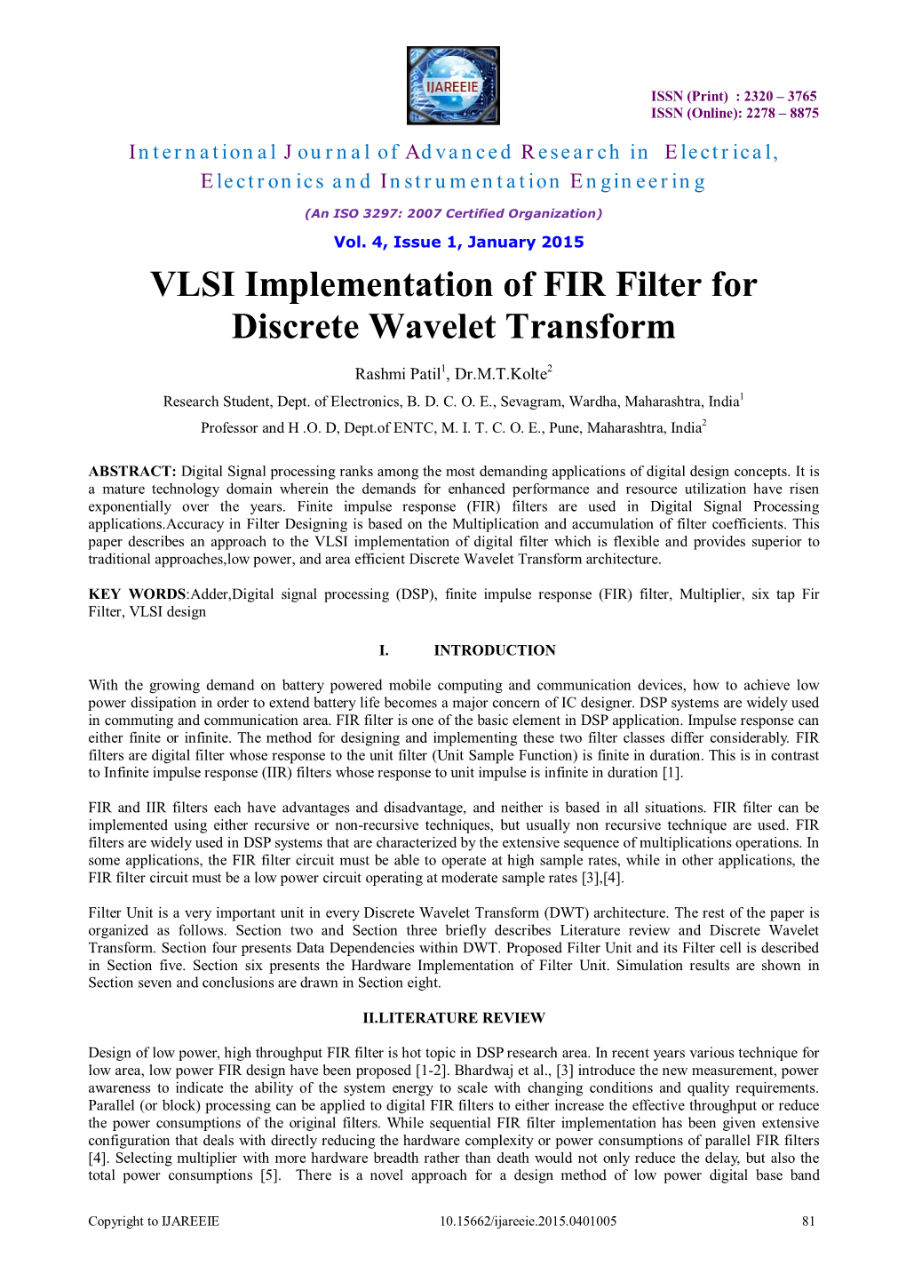 VLSI Implementation of FIR Filter for Discrete Wavelet Transform