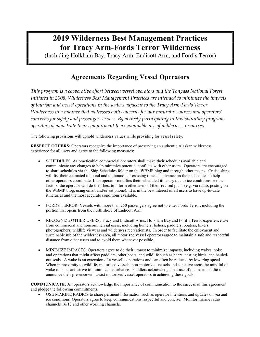 2019 Wilderness Best Management Practices for Tracy Arm-Fords Terror Wilderness (Including Holkham Bay, Tracy Arm, Endicott Arm, and Ford’S Terror)