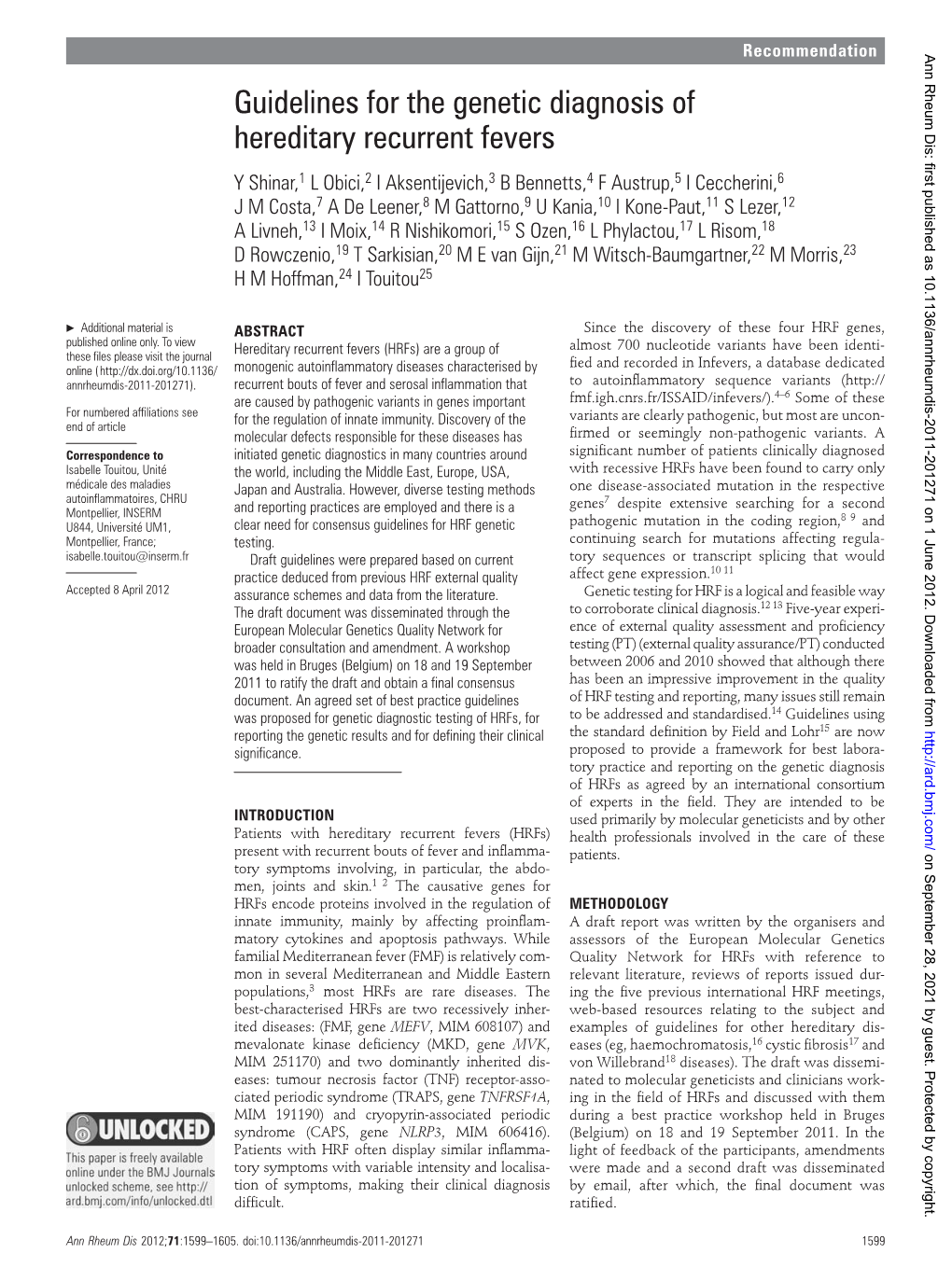 Guidelines for the Genetic Diagnosis of Hereditary Recurrent Fevers