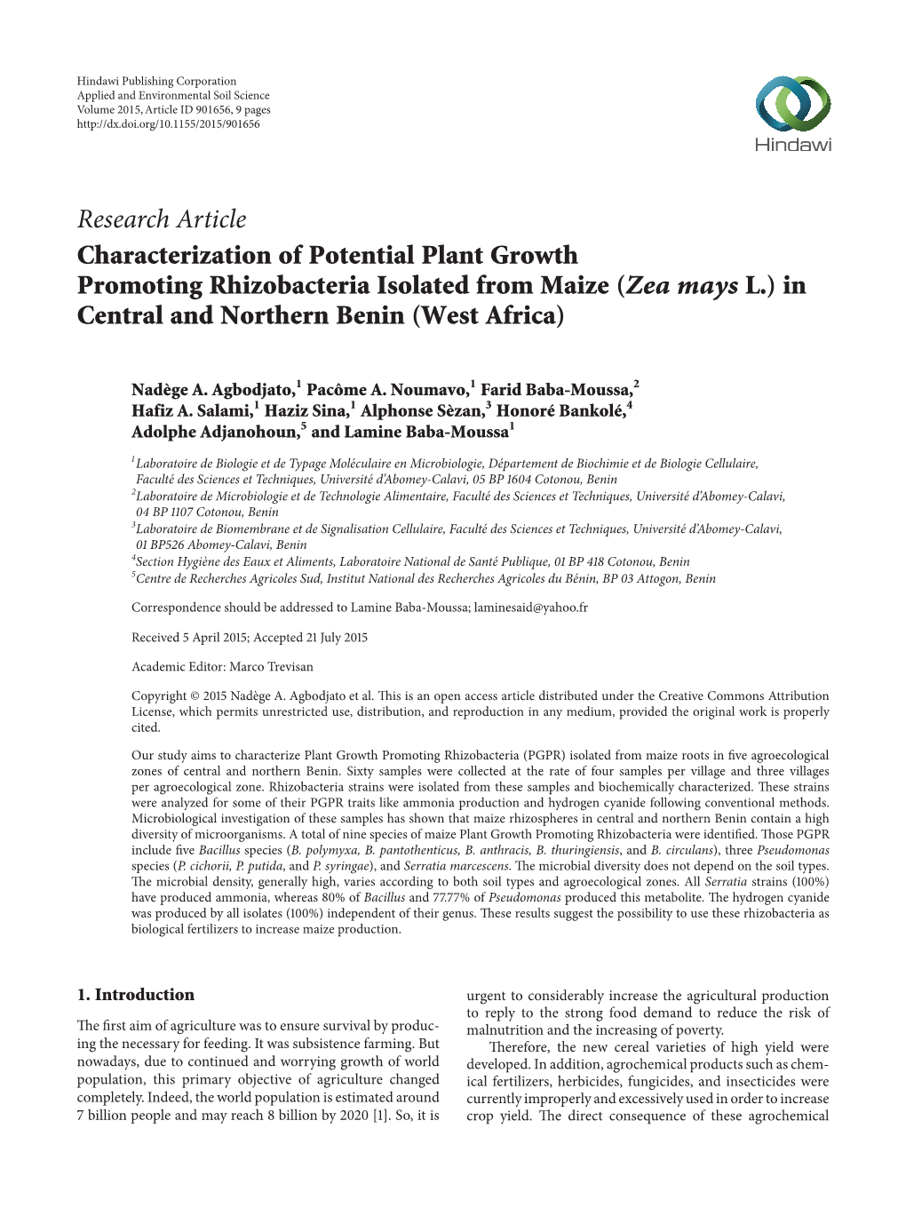 Characterization of Potential Plant Growth Promoting Rhizobacteria Isolated from Maize (Zea Mays L.) in Central and Northern Benin (West Africa)