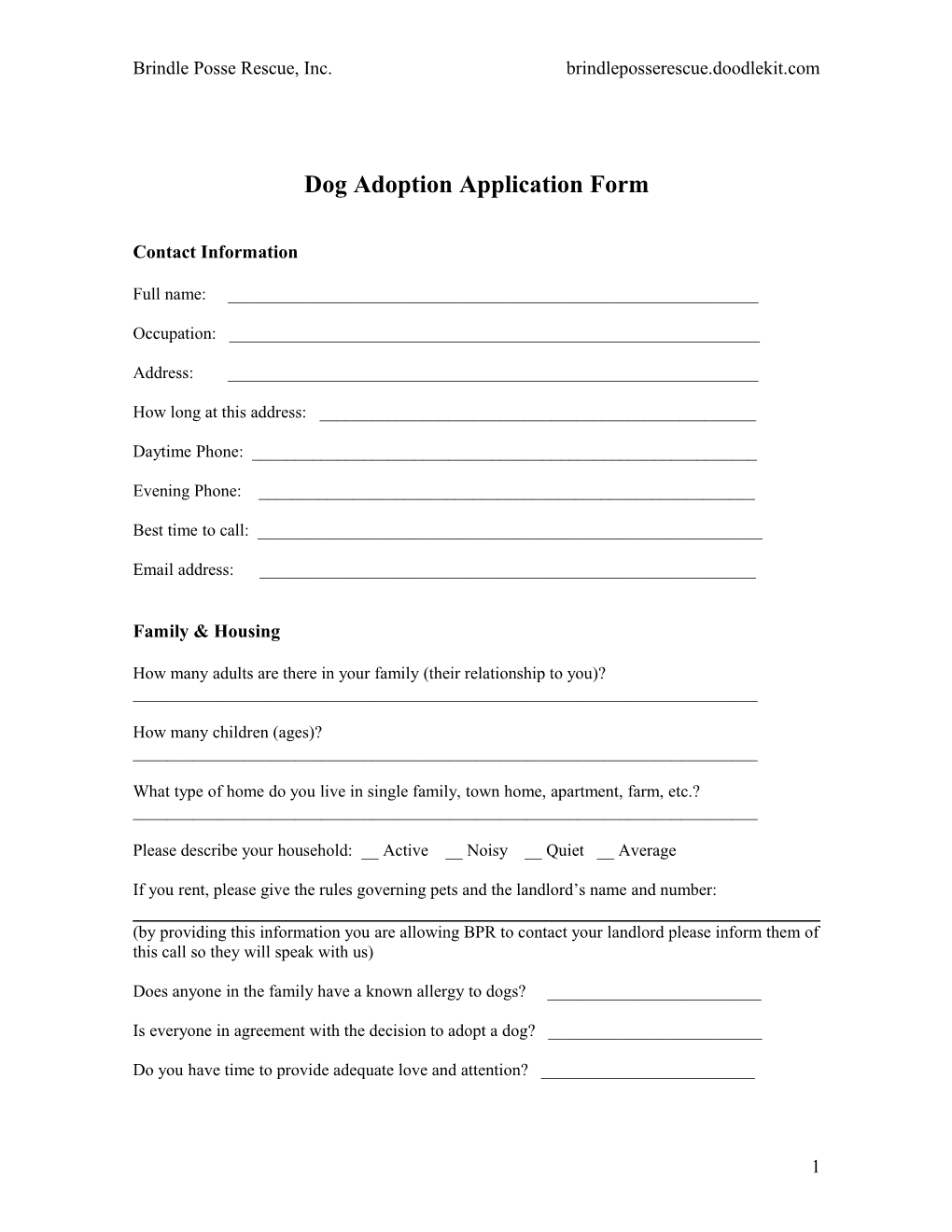 Dog Adoption Application Form