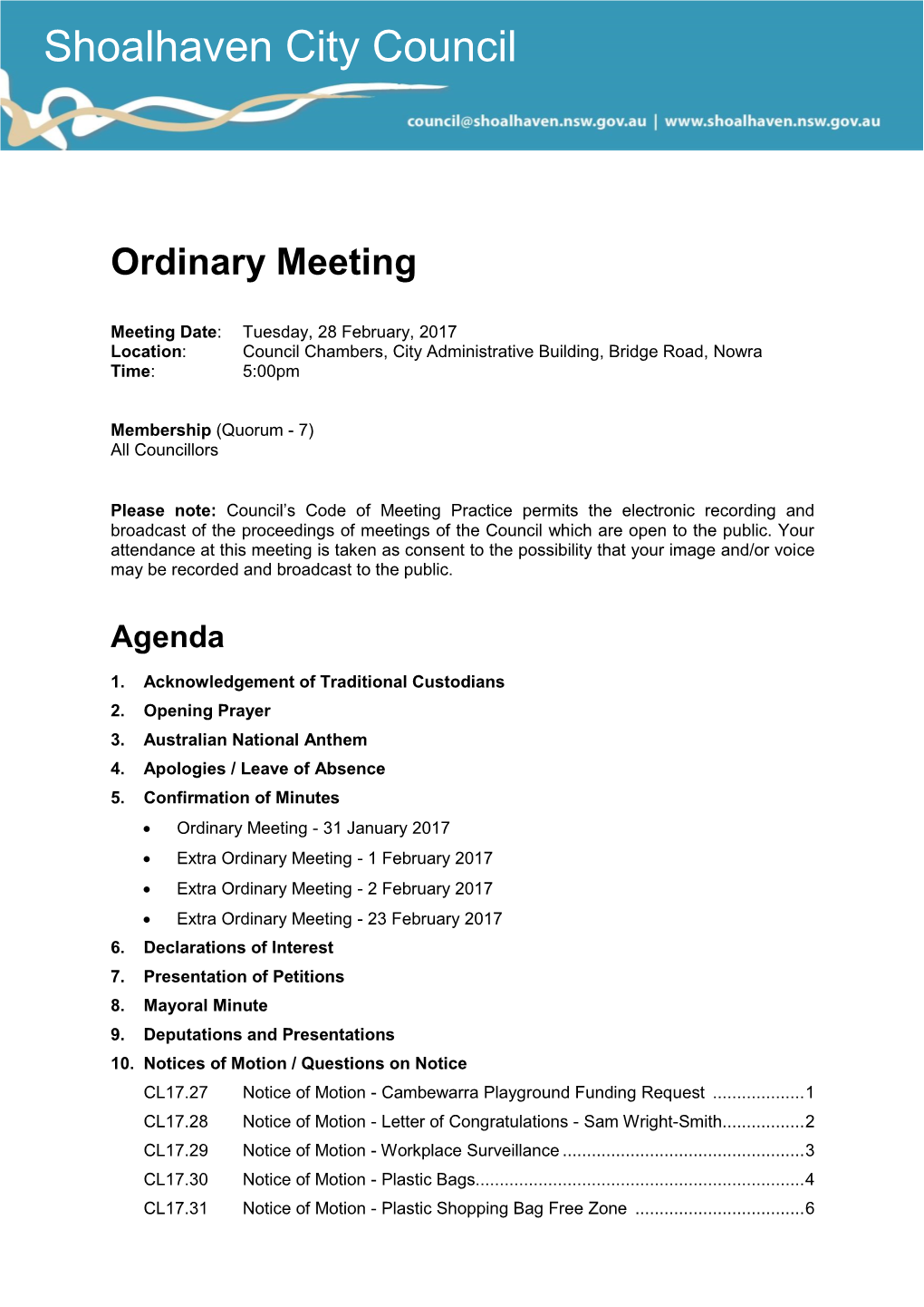 Agenda of Ordinary Meeting