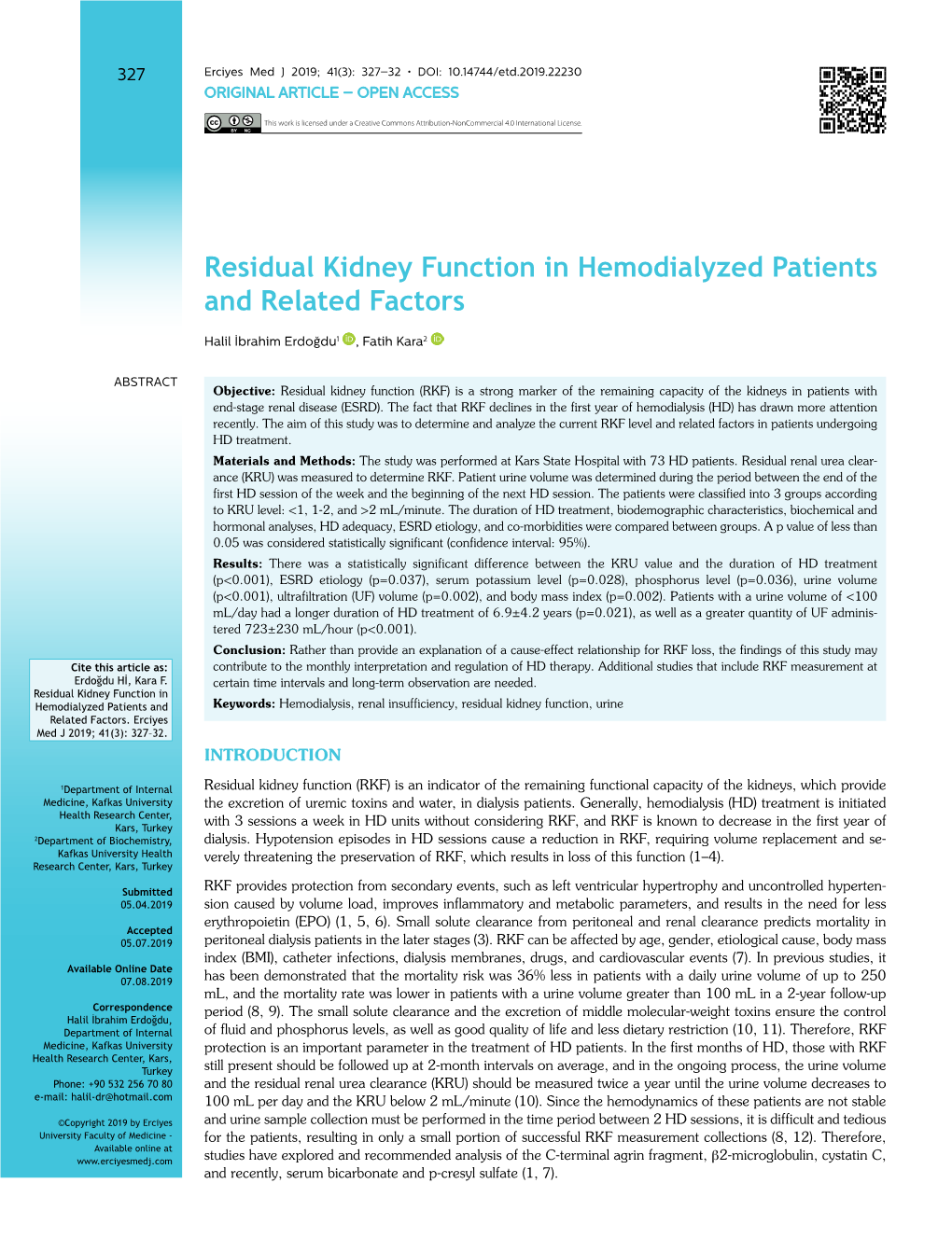 Residual Kidney Function in Hemodialyzed Patients and Related Factors