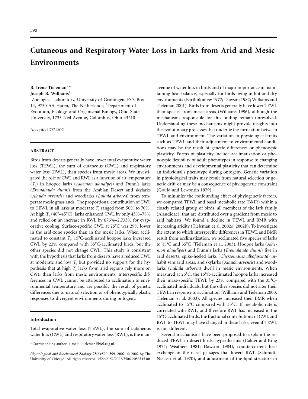 Cutaneous and Respiratory Water Loss in Larks from Arid and Mesic Environments