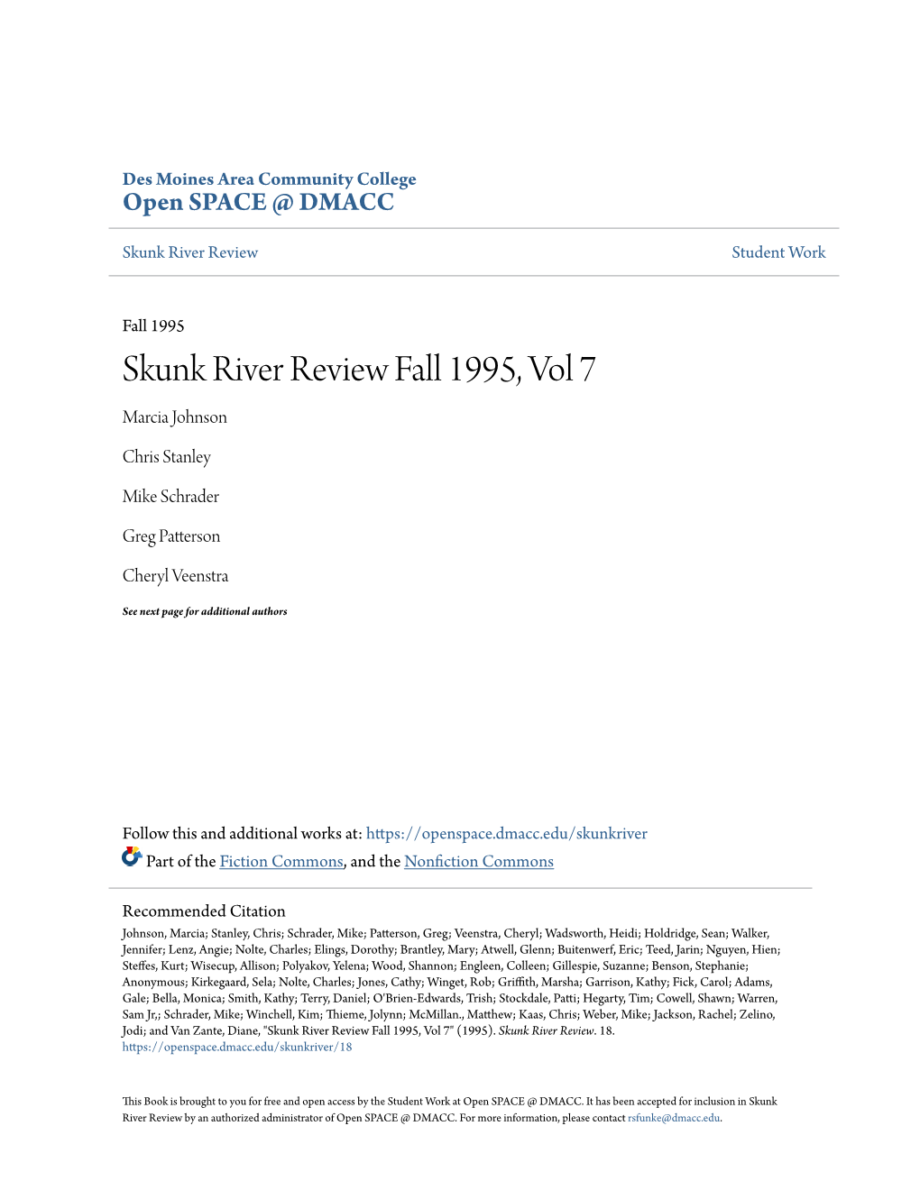 Skunk River Review Fall 1995, Vol 7 Marcia Johnson
